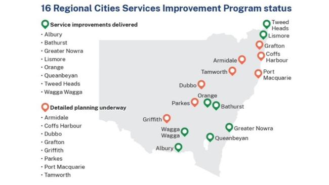 A map of 16 Regional Cities Services Improvement Program.