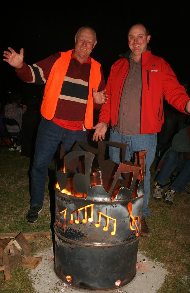 Rotary members Don Thomasson and Darren Bray with there Mamma Mia musical creation at the Winter in Killarney Bonfire Night Fire Drums Exhibition at the Killarney Polocrosse Fields on Saturday, July 27, 2013. Photo Deanna Millard / Daily News