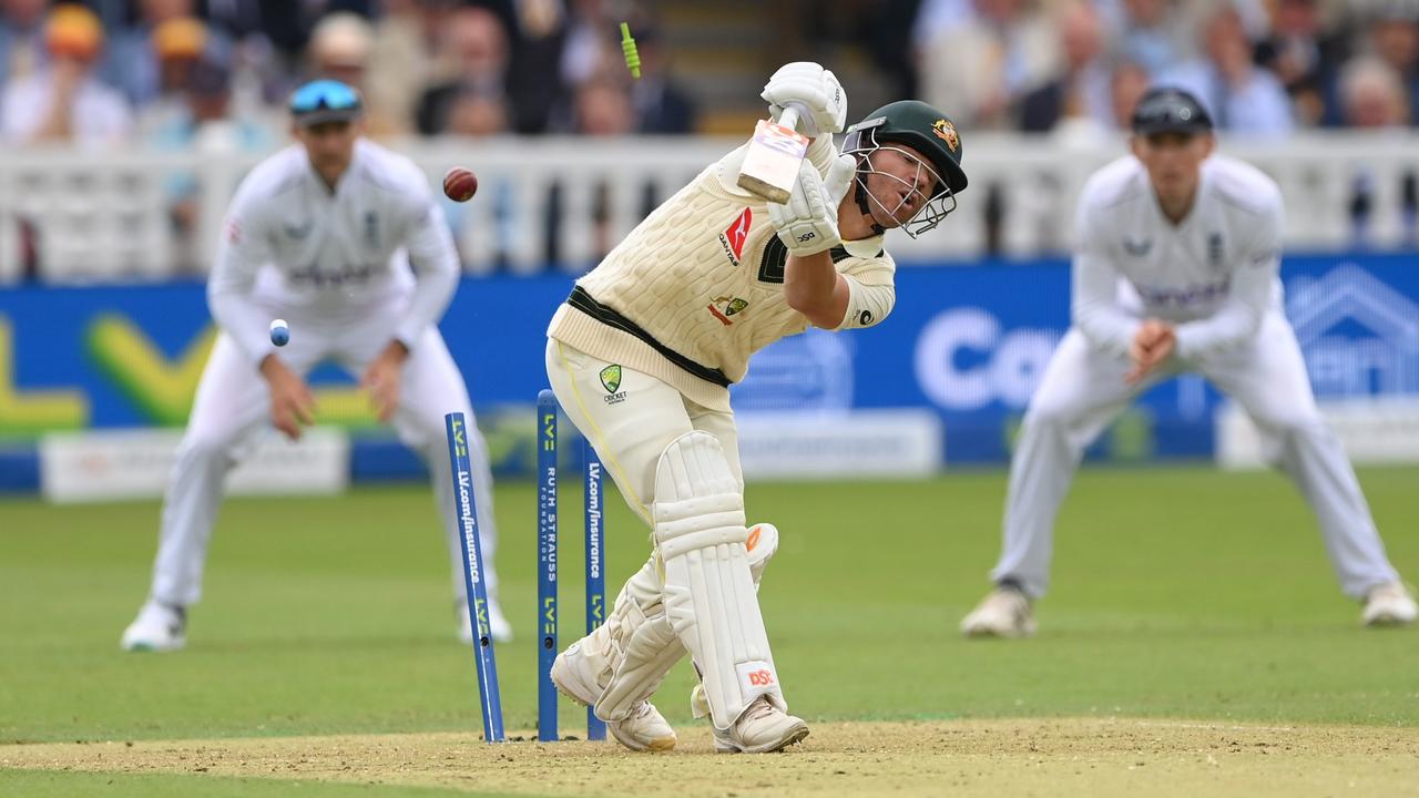 Beaten all ends up: David Warner is bowled by Josh Tongue. Picture: Getty