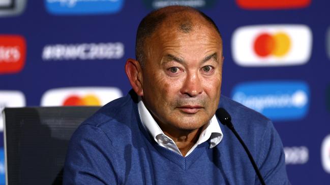 LYON, FRANCE - SEPTEMBER 24: Eddie Jones, Head Coach of Australia, speaks to the media in the post match press conference following the Rugby World Cup France 2023 match between Wales and Australia at Parc Olympique on September 24, 2023 in Lyon, France. (Photo by Chris Hyde/Getty Images)