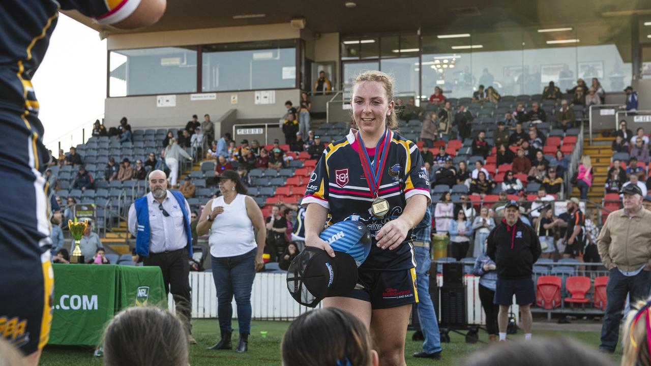 Eliza Morcom of Highfields against Gatton in TRL Women grand final rugby league at Toowoomba Sports Ground, Saturday, September 14, 2024. Picture: Kevin Farmer