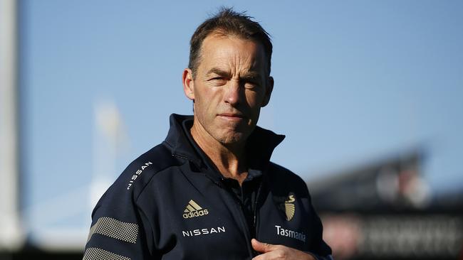 LAUNCESTON, AUSTRALIA - JULY 10: Hawks head coach Alastair Clarkson looks on before the round 17 AFL match between Hawthorn Hawks and Fremantle Dockers at University of Tasmania Stadium on July 10, 2021 in Launceston, Australia. (Photo by Daniel Pockett/AFL Photos/via Getty Images)