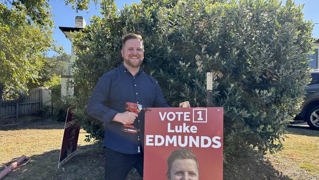 Labor Member for Pembroke Luke Edmunds with his election sign. Picture: Simon McGuire.