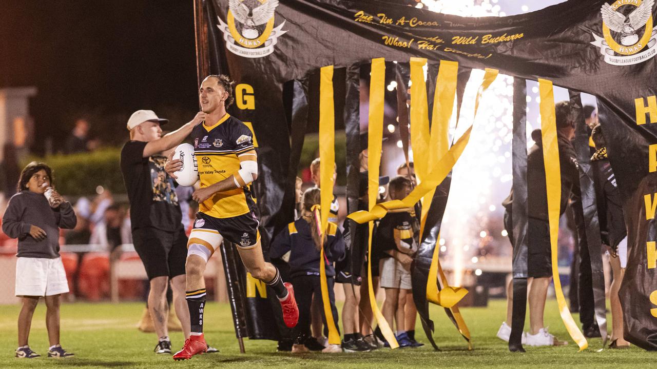 Luke Self runs out for Gatton against Valleys in TRL Hutchinson Builders A-grade grand final rugby league at Toowoomba Sports Ground, Saturday, September 14, 2024. Picture: Kevin Farmer