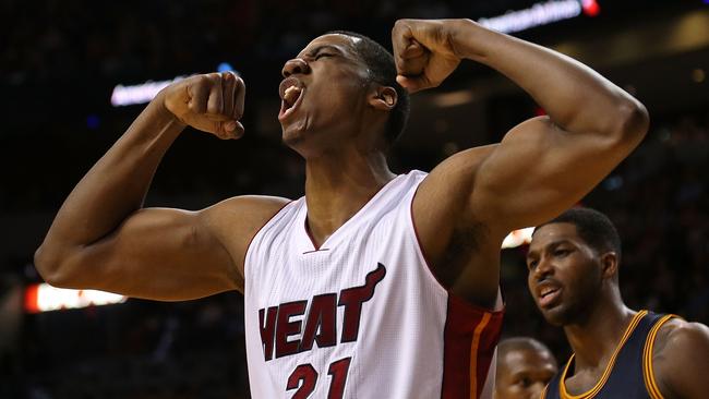 Hassan Whiteside #21 of the Miami Heat reacts to a play.