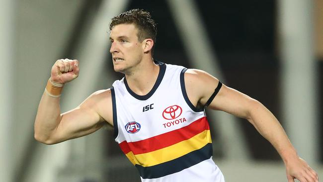 Josh Jenkins celebrates an important goal for the Crows against Melbourne. Picture: Scott Barbour/Getty Images