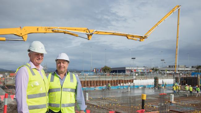 Condev has been involved in some of the Gold Coast’s biggest projects in recent years. Steve Marais (left) and Queensland Airports executive general manager Carl Bruhn are pictured at the $50m Rydes Hotel project at Gold Coast Airport which was built in 2020. Picture: Fotomedia