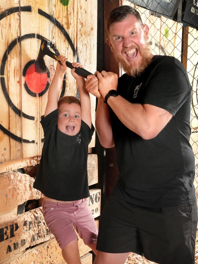 Baz Dewson from CHOP IT Axe Throwing and Escape IT Rooms, pictured with son Sol, 3. Picture: Dean Martin