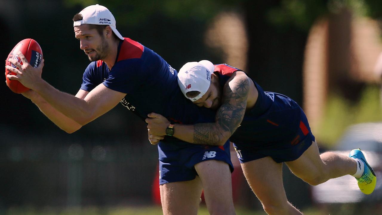 Jesse Hogan and Dean Kent both look to be on their way out of Melbourne. Will one of them be involved in the first trade of the trade period? Photo: Wayne Ludbey