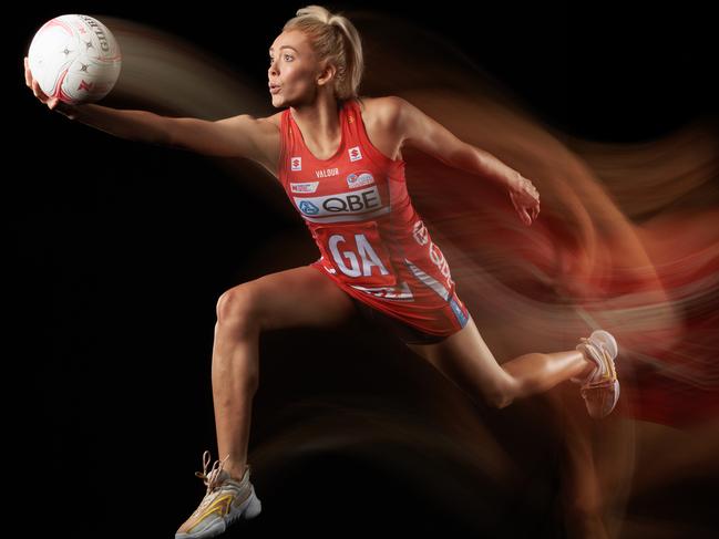 GOLD COAST, AUSTRALIA - FEBRUARY 22:  Helen Housby poses during the Swifts Super Netball 2023 headshots session at the Gold Coast Leisure Centre on February 22, 2023 in Gold Coast, Australia. (Photo by Matt King/Getty Images for Netball Australia