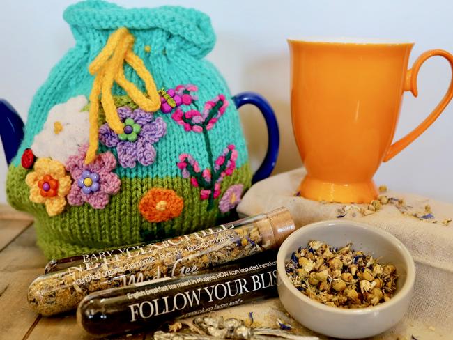 The Hunter Collectiion’s test tubes of tea from Mud+Gee, a tea cosy by Helen Ashton, and spoons by Wolfgang Schulz. Picture: Jenifer Jagielski