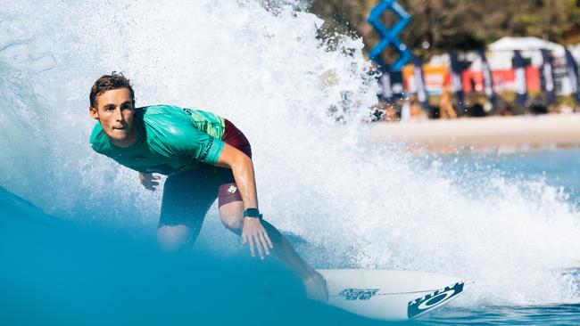 Sheldon Simkus of Australia surfs in Heat 3 of the Round of 80 at the Boost Mobile Gold Coast Pro on May 9 at Snapper Rocks. (Picture: Cait Miers/World Surf League)