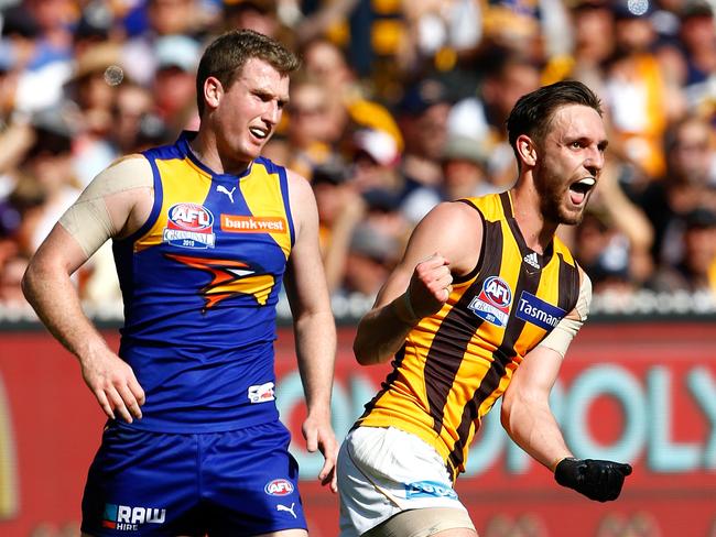 Xavier Ellis (left) competing in the 2015 AFL Grand Final. Picture: Wayne Ludbey