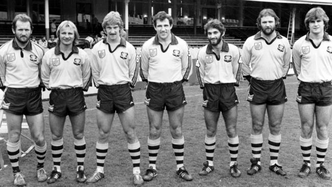 Parramatta players Ray Price (left), Peter Sterling, Brett Kenny, Mick Cronin, Steve Ella, Eric Grothe and Neil Hunt at SCG after their selection in the 1983 NSW Origin side.