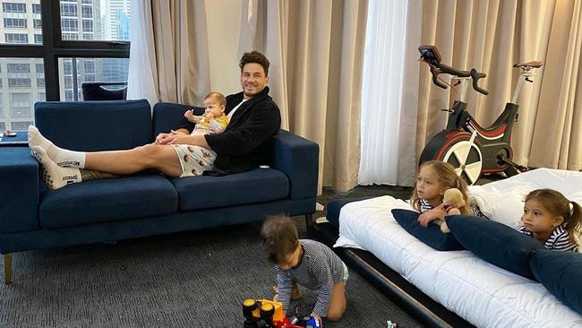 Sonny Bill Williams with his family when they quarantined at Meriton Suites on Sydney’s Pitt Street. Instagram