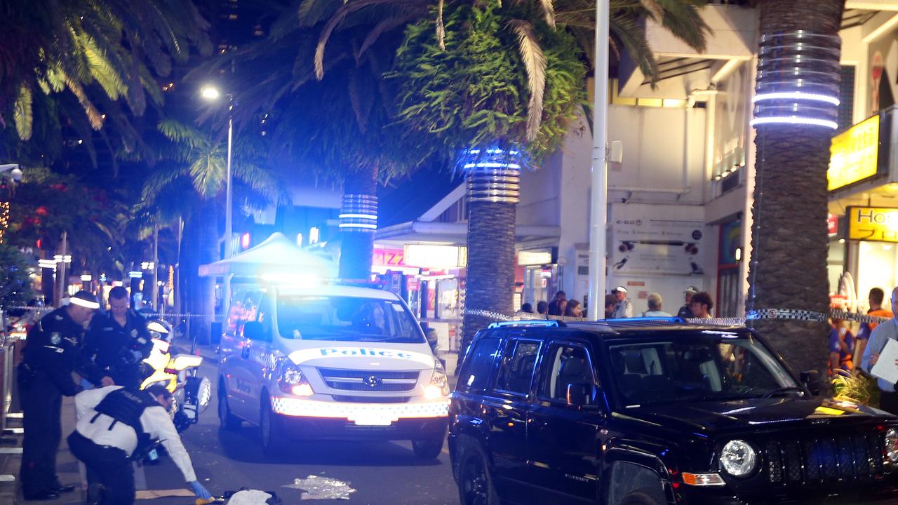 Police at the scene of a car chase that ended in the heart of Surfers Paradise, with drugs and cash allegedly seized. File picture: Richard Gosling