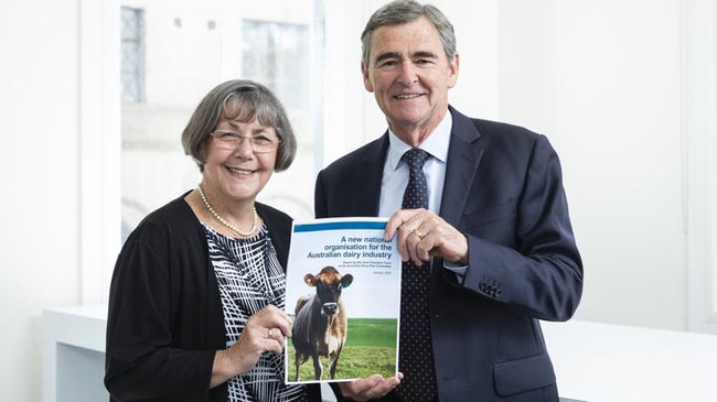 Australian Dairy Plan chair John Brumby and joint transition team chair Shirley Harlock at the launch of the draft report last year. Picture: Supplied