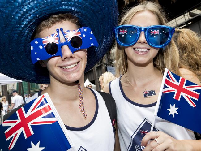 SYDNEY, AUSTRALIA - JANUARY 26:  Australia Day revelers pose for photos at Circular Quay on January 26, 2018 in Sydney, Australia.  Australia Day, formerly known as Foundation Day, is the official national day of Australia and is celebrated annually on January 26 to commemorate the arrival of the First Fleet to Sydney in 1788. Indigenous Australians refer to the day as 'Invasion Day' and there is growing support to change the date to one which can be celebrated by all Australians.  (Photo by Cole Bennetts/Getty Images)