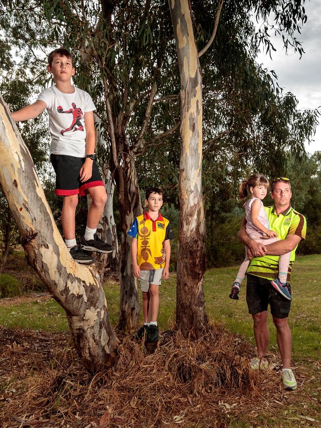 Dan with Anna, Samuel and Ryan in the park opposite their house which is set to be acquired to make way for the North East Link. Picture: Mark Dadswell