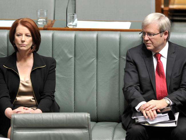 Then-Prime Minister Julia Gillard with then-Foreign Minister Kevin Rudd in 2010. Picture: AAP