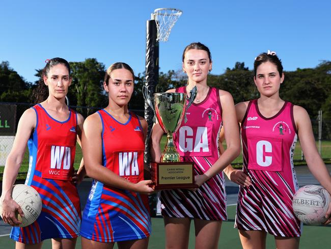 The Cairns Netball Division One grand final will be played this Friday night, with the WGC Sharks taking on the Leprechauns Maroon team. Sharks' Amanda Barton and Nevaeh Conroy will challenge Lep's Ella Sheppard and Emily Grace for this year's Division One trophy in Friday's grand final match. Picture p: Brendan Radke