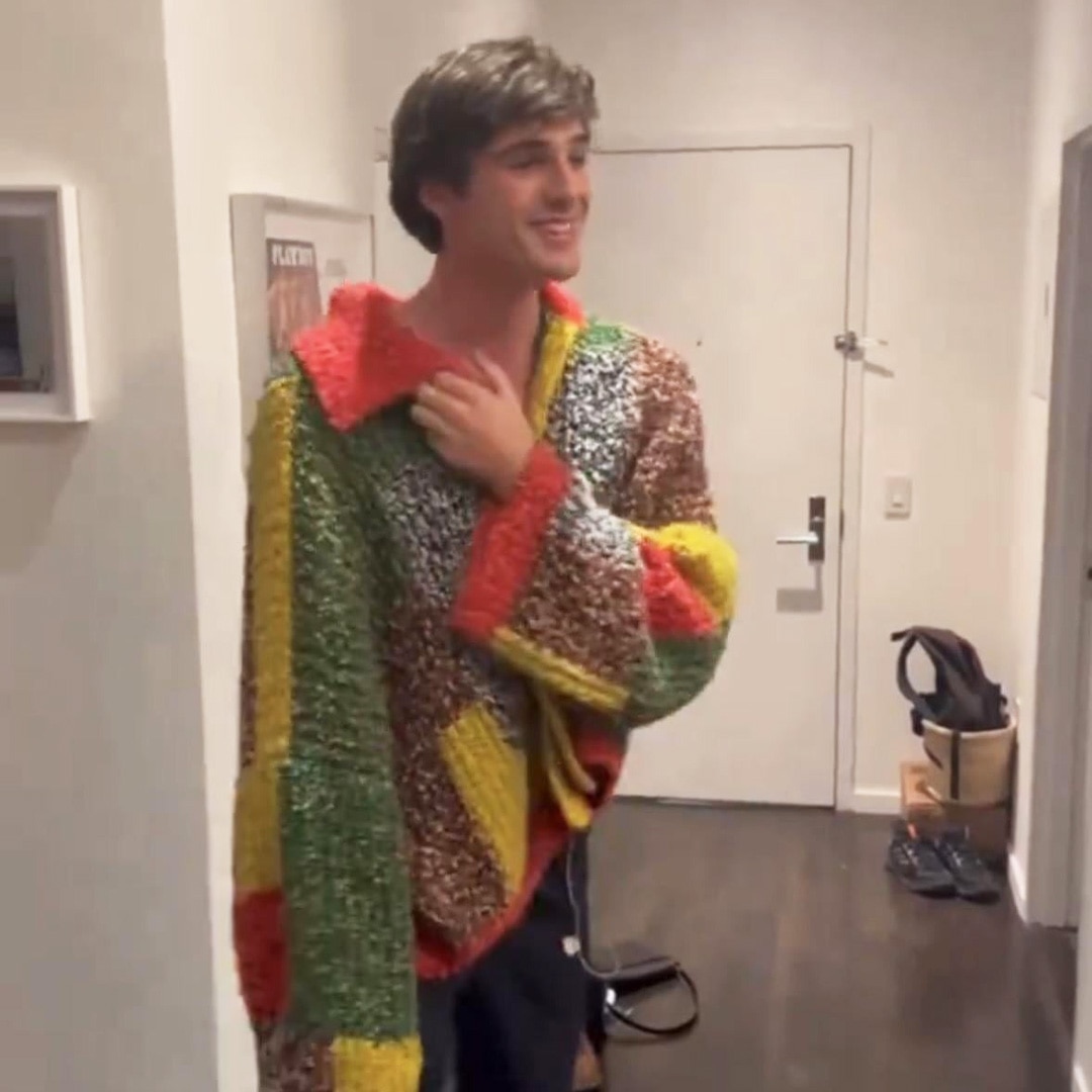 <p><em>Image credit: Tiktok.com/jeremyoharris</em></p><p>&nbsp;</p><p><strong>The patchwork cardigan</strong></p><p><br>Elordi threw this JW Anderson cardigan on in a brief video appearing on Jeremy O. Harris&rsquo;s TikTok. Oversized to the max, and featuring an array of multi-coloured panels, it&rsquo;s something of a final boss in the colourful knitwear journey of Elordi. While the cardigan might be hard to find for sale now, you can still buy the sweater version, which is just as fun.</p>