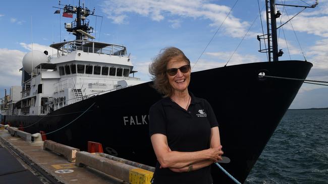 Expedition chief scientist and Australian Institute of Marine Science (AIMS) principal research scientist Dr Karen Miller with the RV Falkor at East Arm Wharf. Picture: Katrina Bridgeford