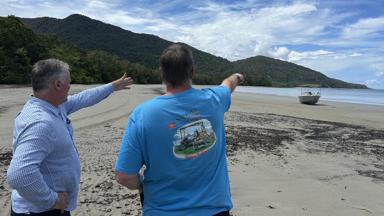 Tourism Minister and Cairns MP Michael Healy with Cape Tribulation supermarket owner, Graham Williams during a visit to inspect damage caused by ex-Tropical Cyclone Jasper. Photo: Supplied