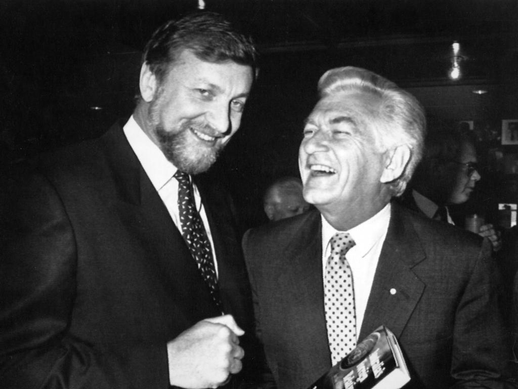 Prime Minister Bob Hawke and Foreign Minister Gareth Evans at the National Press Club for a book launch in 1991.