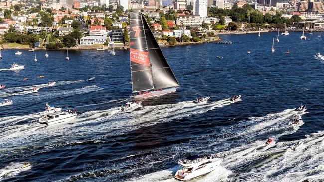 Wild Oats heading up the harbour at the start of last year’s Sydney to Hobart.