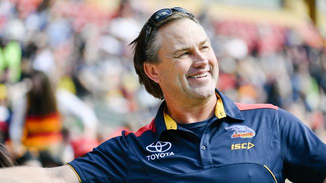 Tony Modra back in Crows colours in his corporate role. Picture: AAP/Morgan Sette