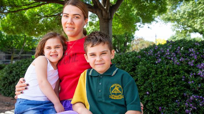 Cranbourne voter Lesley Tahu, with children Sienna and Christian, will likely decide on the day which candidate to support. Picture: Mark Stewart