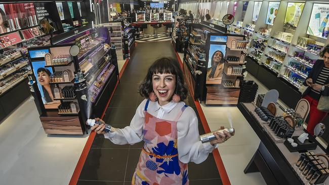 Make-up artist Mandy Nash has a sneak peek at Adelaide's first Sephora store. Picture: AAP/Roy VanDerVegt