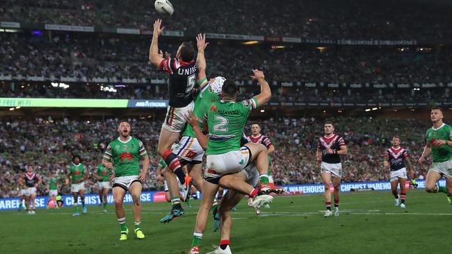 Roosters Brett Morris takes a bomb during the 2019 NRL Grand Final between the Sydney Roosters and Canberra Raiders at ANZ Stadium, Sydney. Picture: Brett Costello