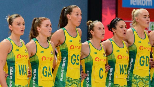 CAPE TOWN, SOUTH AFRICA - AUGUST 06: Australia singing the national anthem during the Netball World Cup 2023, final match between England and Australia at Cape Town International Convention Centre, Court 1 on August 06, 2023 in Cape Town, South Africa. (Photo by Grant Pitcher/Gallo Images/Netball World Cup 2023)