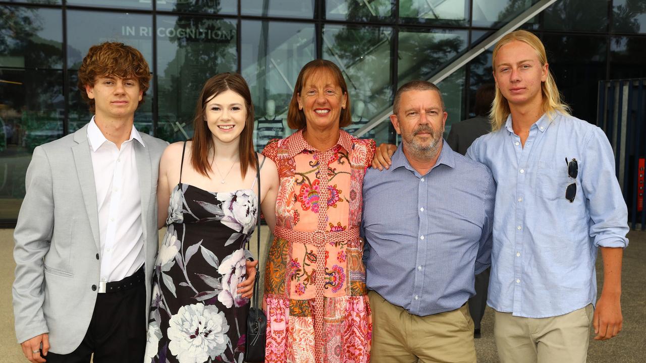 Graduate Tyler Barber, his girlfiend Chloe Hutchinson and parents Jodie and Daniel and brother Jay at the Belmont High School year 12 graduation at GMHBA Stadium. Picture: Alison Wynd