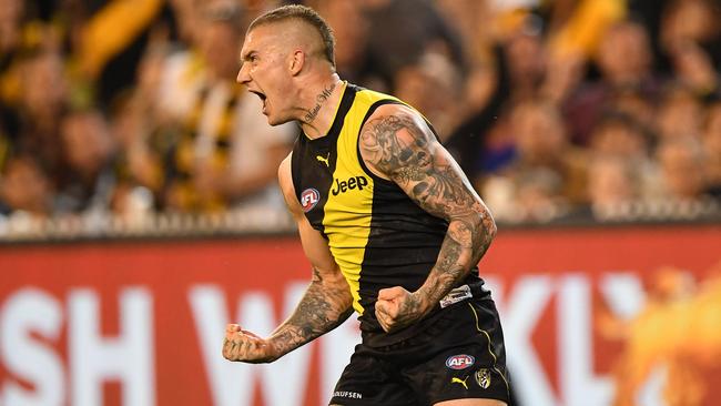 Dustin Martin celebrates a goal in Richmond’s preliminary final win.