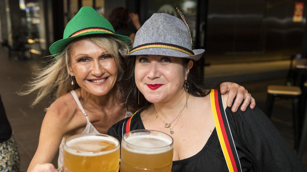 Lisa Howlett (left) and Araceli Castillo enjoy their steins at The Brewhouse as 4 Brothers Brewing and Konig's Biergarten Toowoomba join forces to celebrate Oktoberfest, Saturday, October 23, 2021. Picture: Kevin Farmer