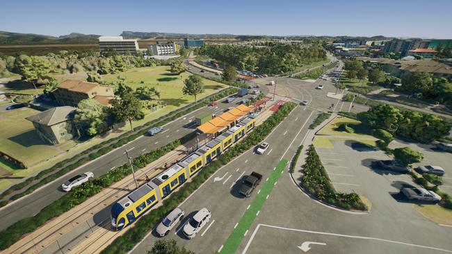 The tram exiting the Gold Coast Airport precinct. Picture: Department of Transport and Main Roads.