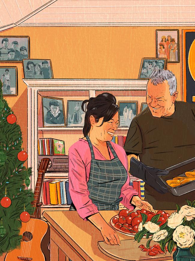 Jimmy and Jane Barnes at work in the kitchen. Illustration: Tom Jellett