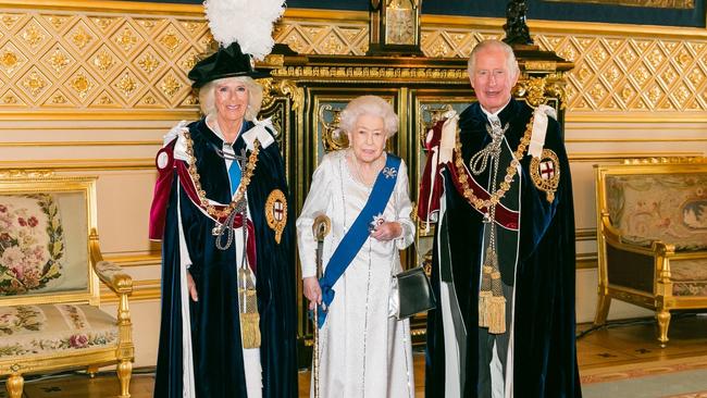 Queen Elizabeth pictured with Charles and Camilla ahead of the Order of the Garter ceremony at Windsor Castle. Twitter: The Royal Family