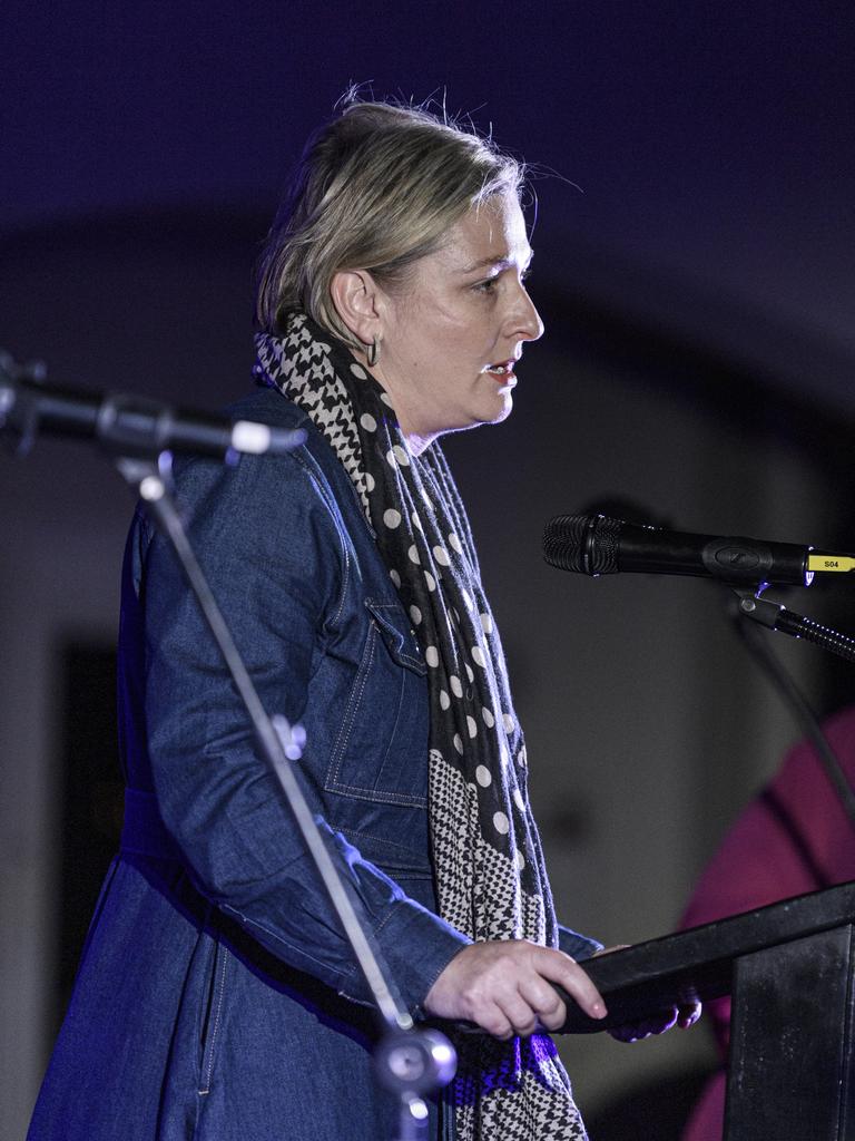 Prevention of Domestic and Family Violence Minister Amanda Camm speaking at Protea Place candlelight vigil to mark Domestic and Family Violence Prevention Month at Gips Restaurant, Tuesday, May 13, 2025. Picture: Kevin Farmer