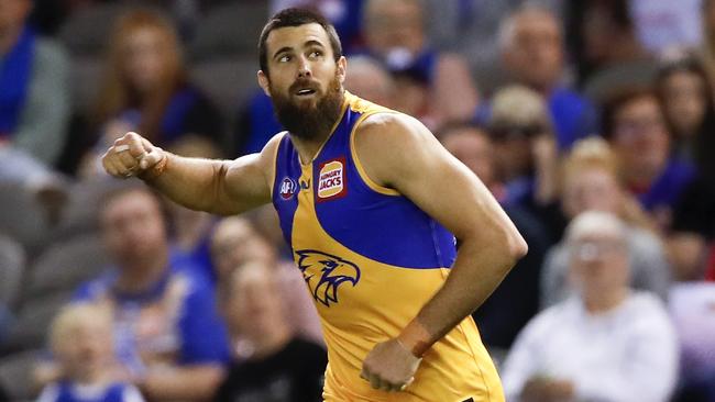 Josh J. Kennedy celebrates a goal for the Eagles. Photo by Dylan Burns/AFL Photos via Getty Images.