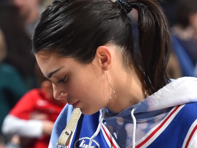 PHILADELPHIA, PA - MARCH 10: Kendall Jenner walks to her seat during the game between the Indiana Pacers and Philadelphia 76ers on March 10, 2019 at the Wells Fargo Center in Philadelphia, Pennsylvania NOTE TO USER: User expressly acknowledges and agrees that, by downloading and/or using this Photograph, user is consenting to the terms and conditions of the Getty Images License Agreement. Mandatory Copyright Notice: Copyright 2019 NBAE   Jesse D. Garrabrant/NBAE via Getty Images/AFP