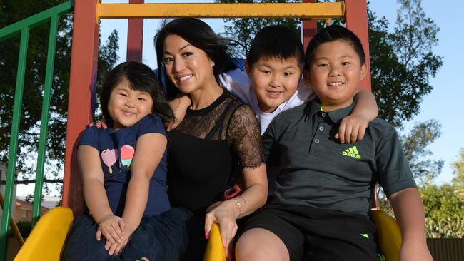 Mother Amy Chieng with her daughter Alexia, 5 and sons Cassius 7 and Leo 10 at Kendall Reserve Playground in Cabarita. Picture: Simon Bullard.