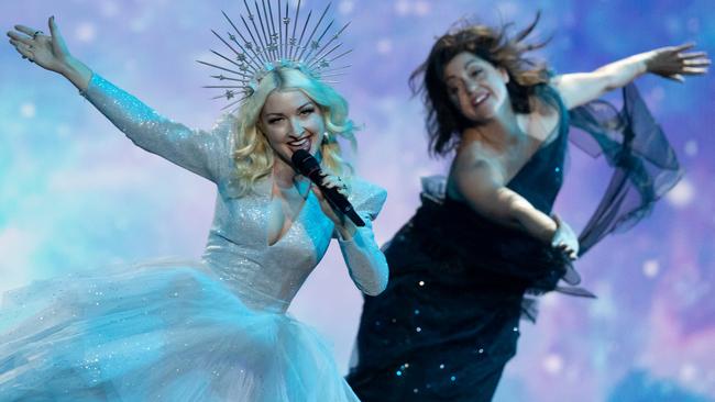 Kate Miller-Heidke and Reservoir’s Emma Waite performing for Australia during the Eurovision Song Contest in Tel Aviv, Israel. Picture: Guy Prives