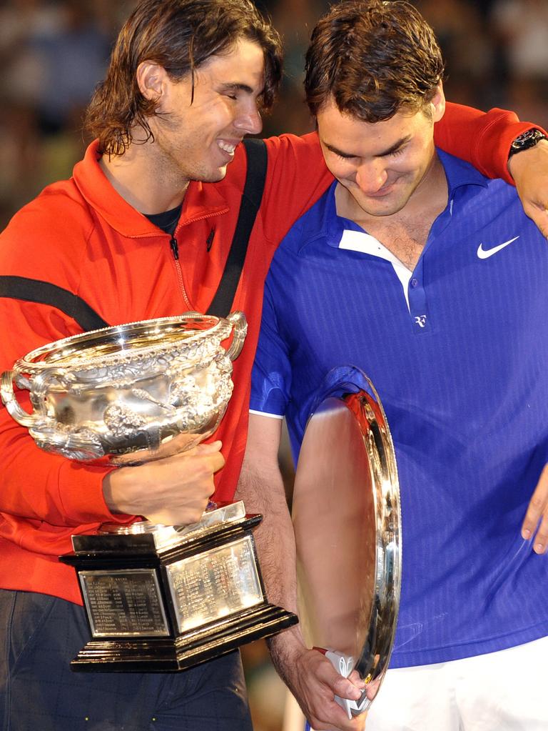 Rafael Nadal embraces Roger Federer after winning the Australian Open in 2009.