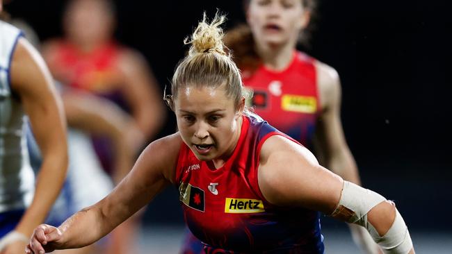 Tyla Hanks lead the way for Melbourne with 27 touches and a goal. Picture: Michael Willson/AFL Photos via Getty Images