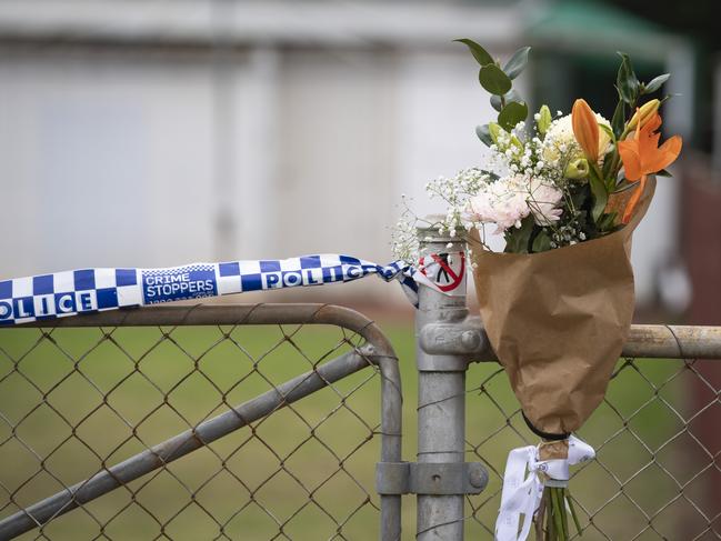 Flowers are left in tribute as investigations continue into a fatal house fire in Wallace St, Newtown, Saturday, June 1, 2024. Picture: Kevin Farmer