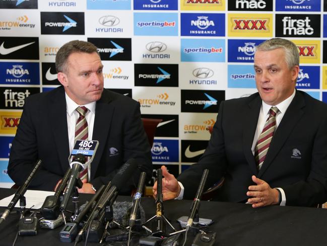 Paul White with Anthony Griffin in 2015 while at the Broncos. Picture: Steve Pohlner